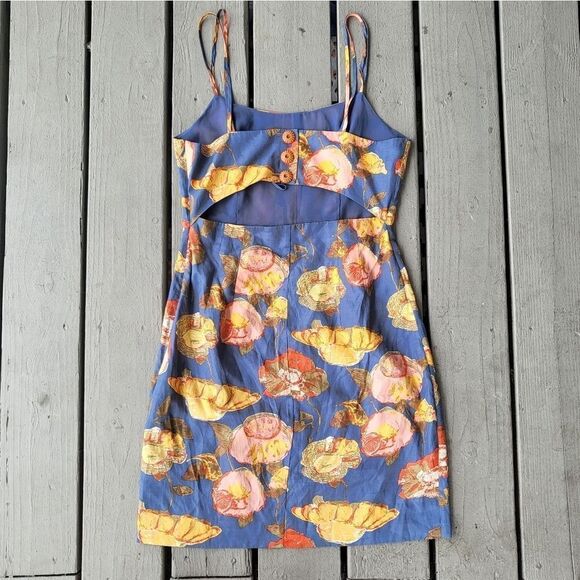 Anthro Maeve Peony Slip Dress Silk Blend Floral Strappy Open Back Blue Size 10 - Picture 7 of 13